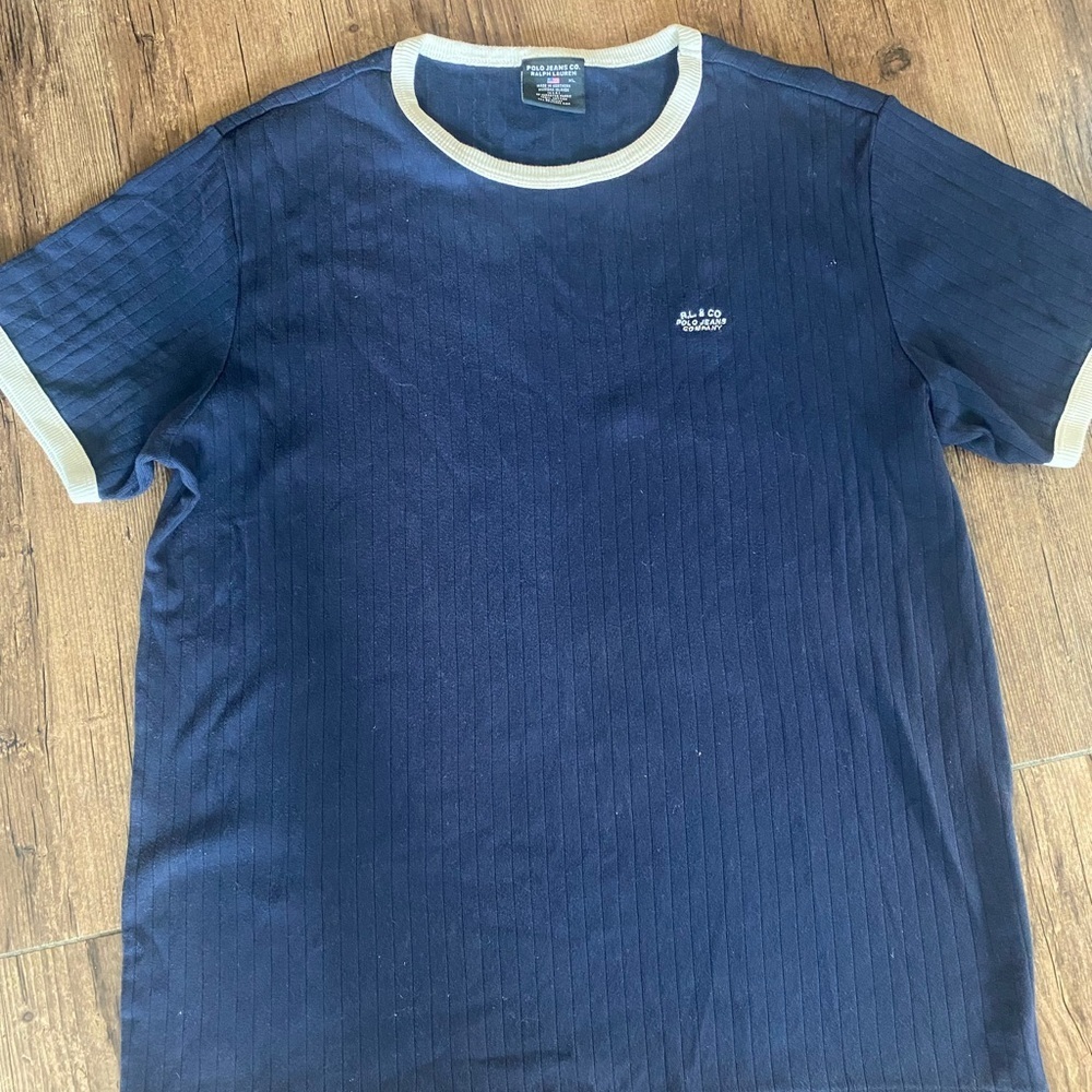Ralph Lauren Navy Blue Tee with White Accents Y2K